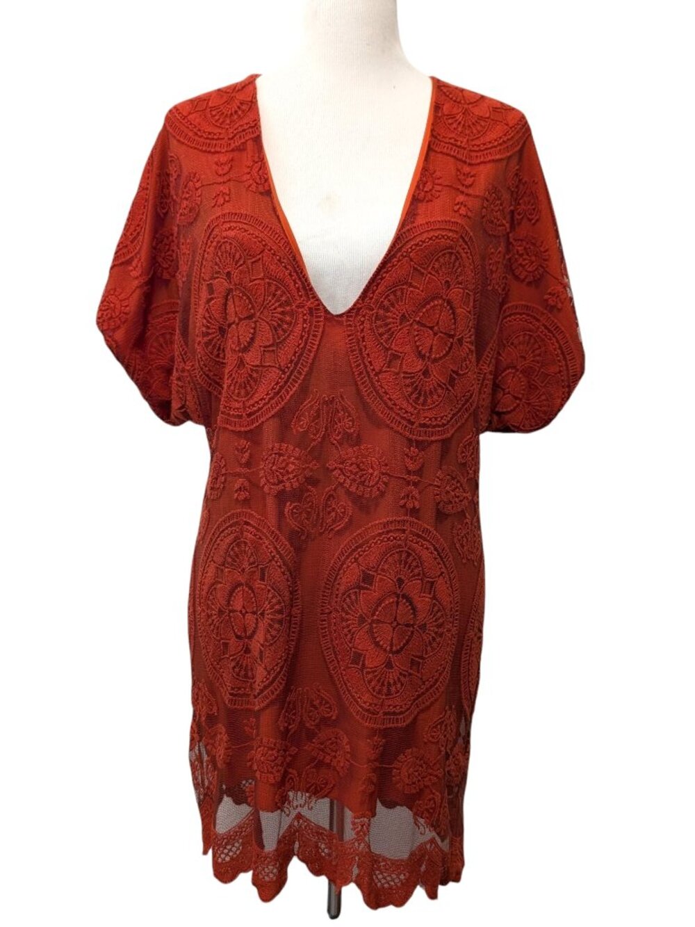 Jens Pirate Booty Womens Sz M/L Rust Lace V-Neck Beach Coverup Mini Tunic Dress